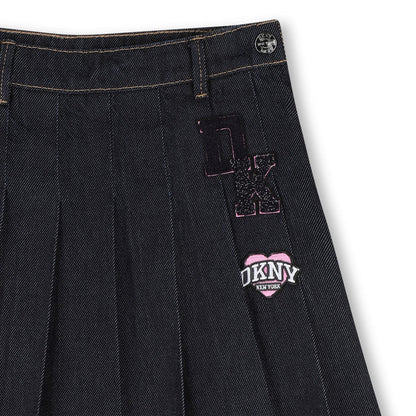 skirt denim pleated with logo patch - denim blue-z38