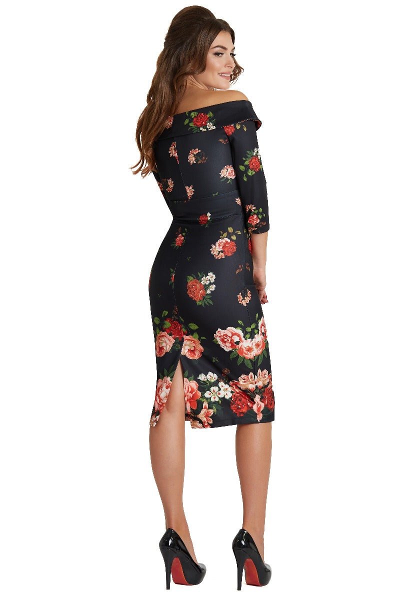 Denise Vintage Inspired Wiggle Dress with Raising Roses in Black