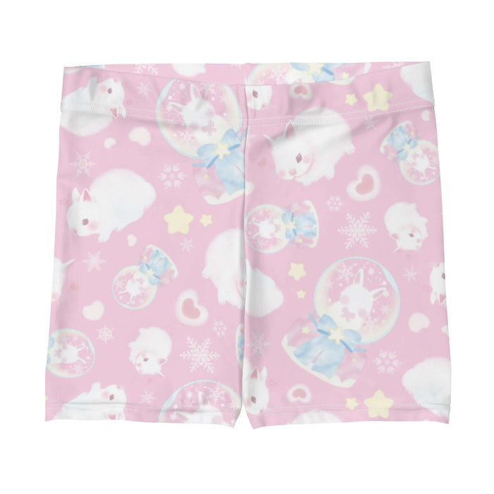 Snow Bunny kawaii shorts in pink with snow globes and drifting snowflakes