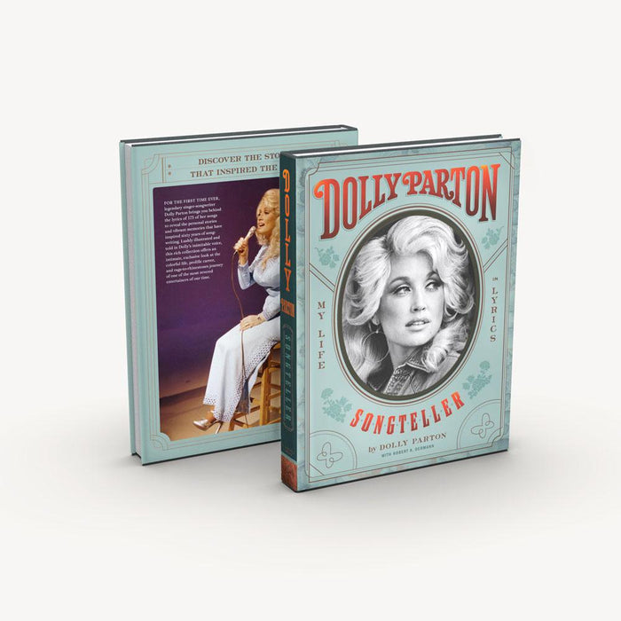 A book titled 'Dolly Parton, Songteller: My Life in Lyrics' featuring the author's image on the cover, along with a look at the back of the book including another picture of the author's picture and a description of what is written inside.