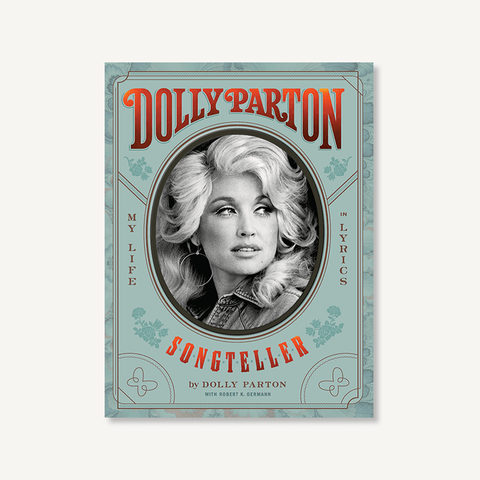 A book titled 'Dolly Parton, Songteller: My Life in Lyrics' featuring the author's image on the cover.