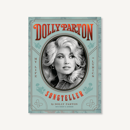 A book titled 'Dolly Parton, Songteller: My Life in Lyrics' featuring the author's image on the cover.