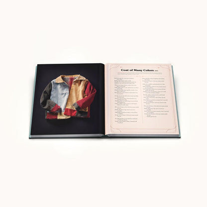 A look at the inside of the book, with the page opened to a description of a song titled "Coat of Many Colors" and a picture of a patchwork coat.