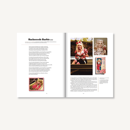 A look at the inside of the book, with the page opened to a description of a song titled "Backwoods Barbie" and various snapshots of young Dolly Parton, including one of her custom Barbie Doll.