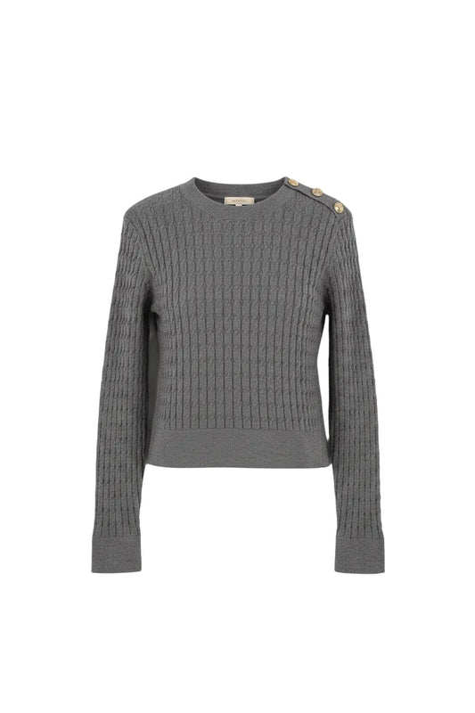 top l/s cable knit button sweater - dark grey melange