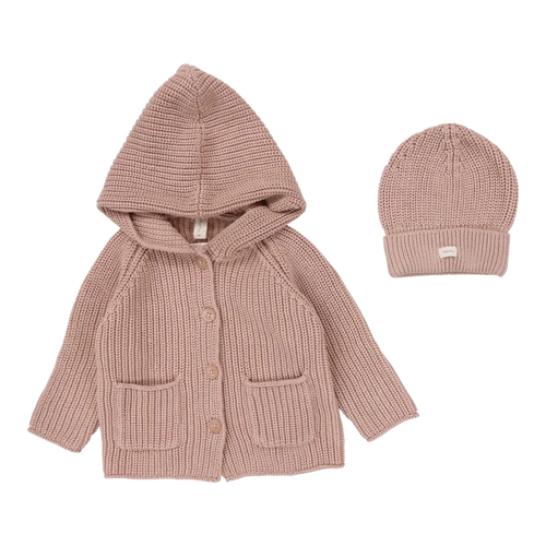 top l/s chunky knit cardigan with beanie - dusty pink