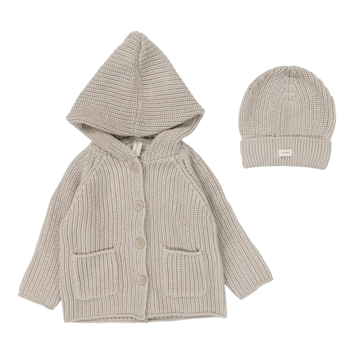 top l/s chunky knit cardigan with beanie - natural/taupe