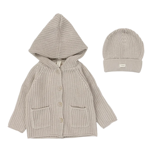 top l/s chunky knit cardigan with beanie - natural/taupe
