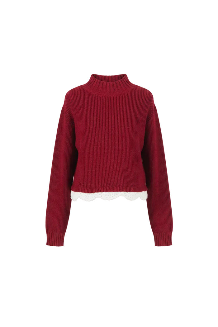top s/s ribbed crochet trim sweater  - black/snow