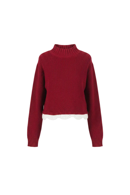 top s/s ribbed crochet trim sweater  - black/snow