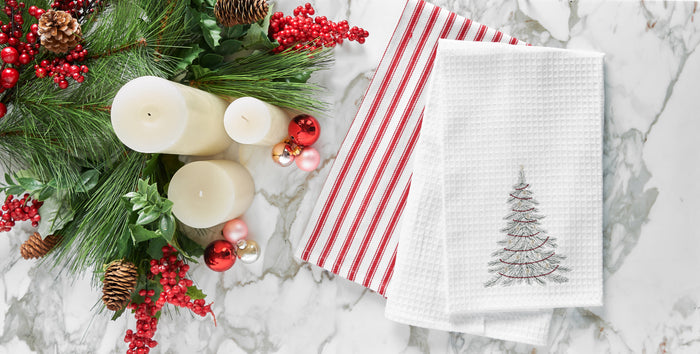 A Traditional Christmas Tree Waffle Weave Kitchen Towel.