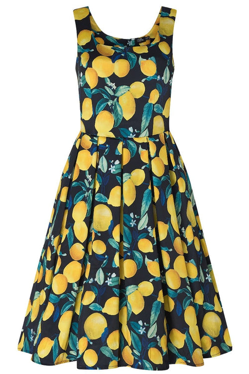 Amanda Vintage Inspired Lemon Print Dress in Dark Blue with a Scoop Neckline & Hidden Pockets