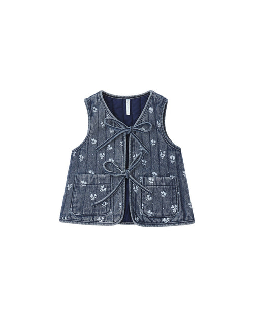 vest denim heart ditsy quilted with bow ties - indigo