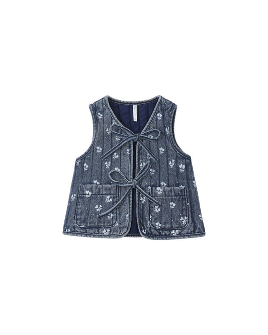 vest denim heart ditsy quilted with bow ties - indigo