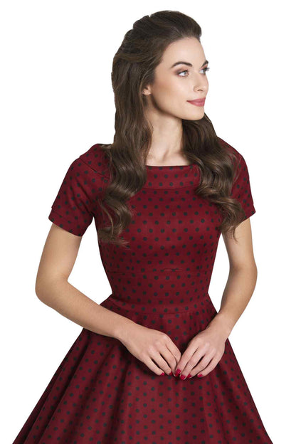 Darlene Retro Polka Dot Swing Dress in Burgundy-Black