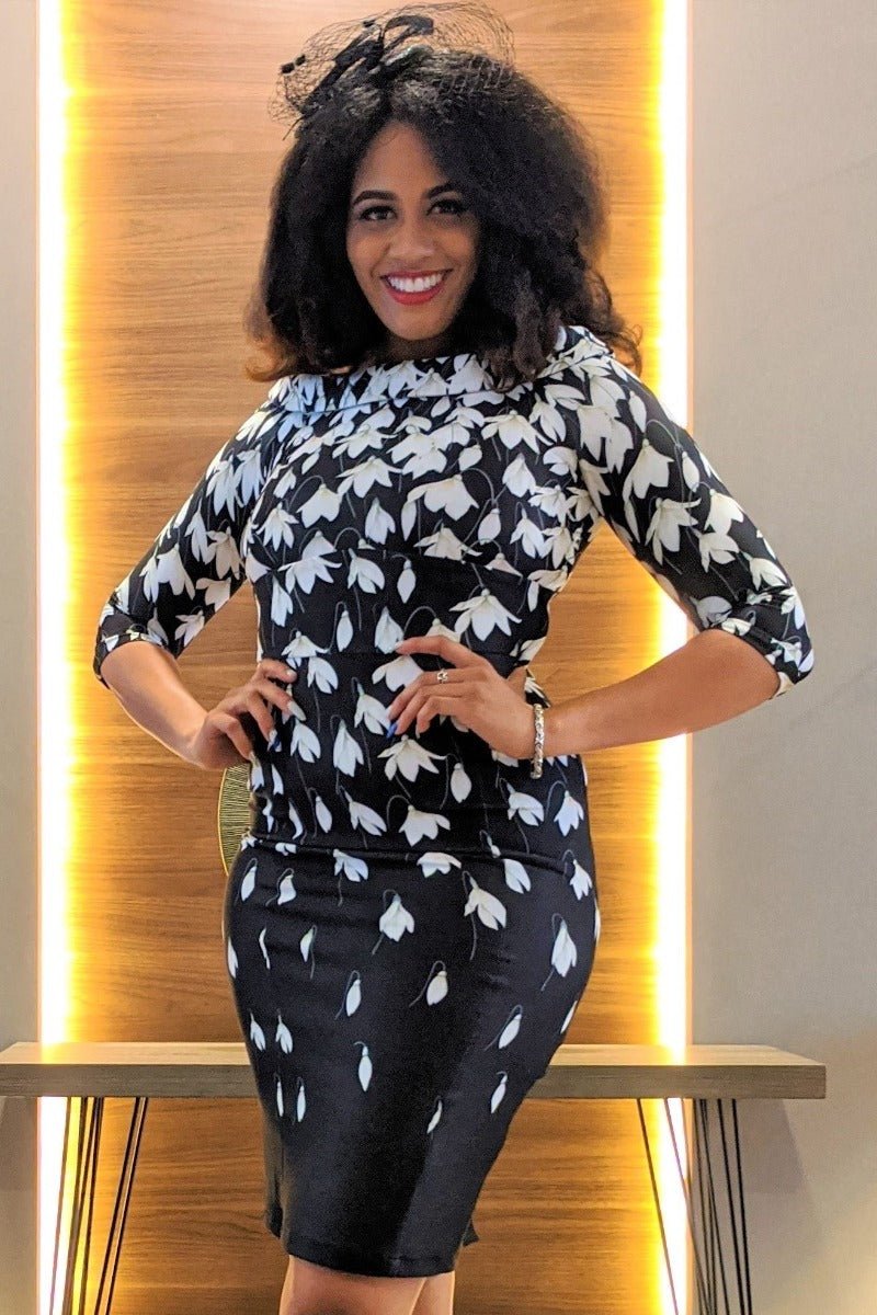 Denise Vintage Inspired Wiggle Dress-Black Snowdrop Flowers