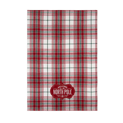 A Welcome North Pole Woven Applique & Embroidered Kitchen Towel.