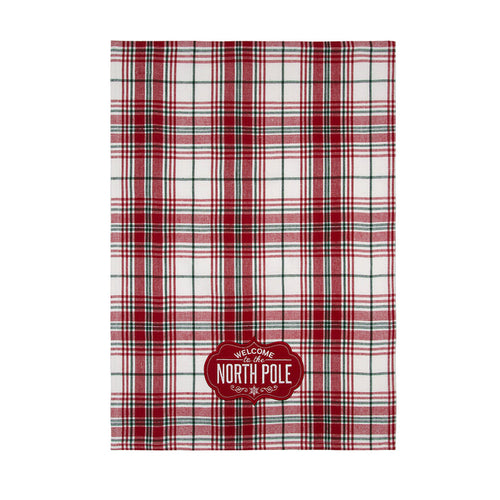 A Welcome North Pole Woven Applique & Embroidered Kitchen Towel.