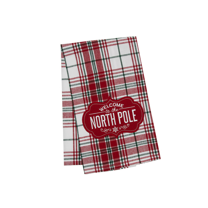 A Welcome North Pole Woven Applique & Embroidered Kitchen Towel.