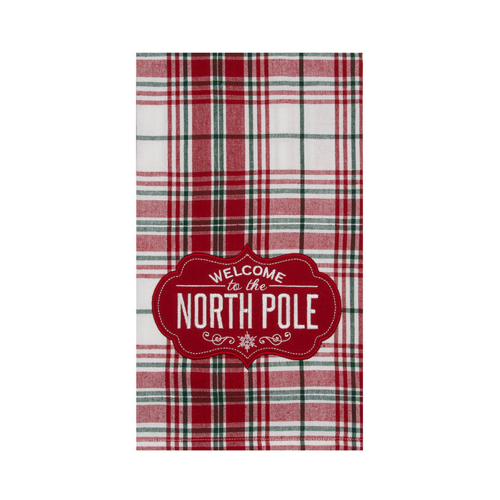 A Welcome North Pole Woven Applique & Embroidered Kitchen Towel.