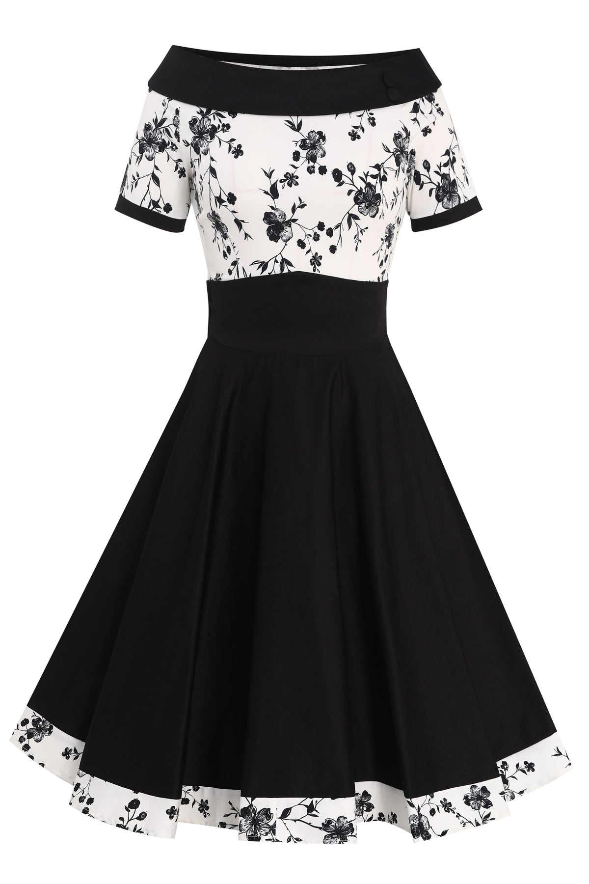 Darlene White & Black Floral Roll Collar Dress