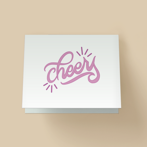 Minimalist greeting card with white background. The word 'cheers' is in large purple, brush script lettering in the center, with small purple starburst accents on the top right and bottom left.