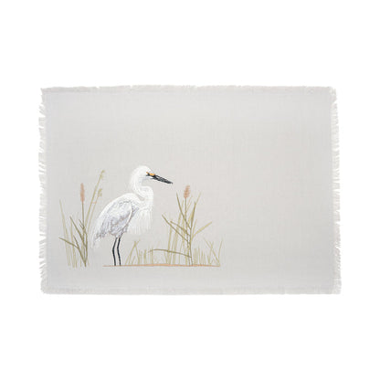 White Egret Table Linens table linens displayed as a coordinated tabletop setting.