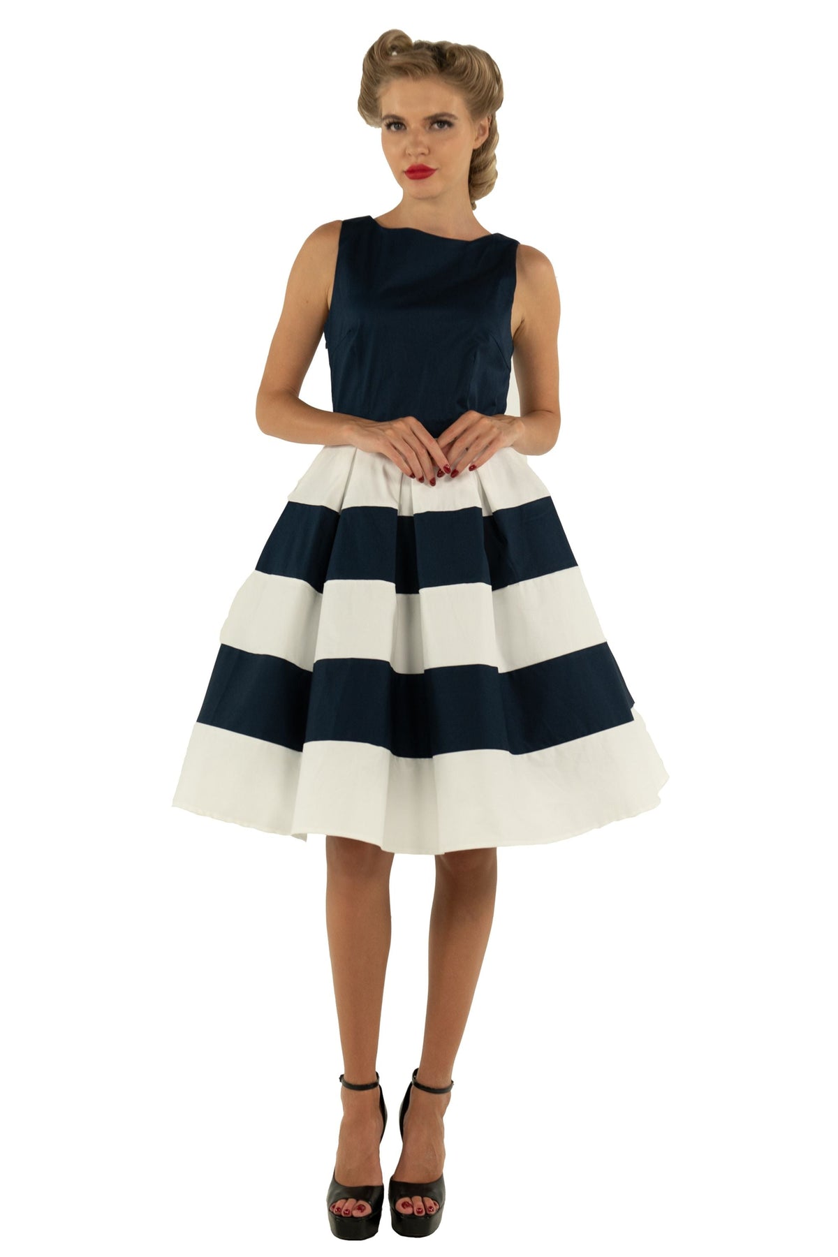 Anna Nautical Striped 50s Swing Dress in Navy