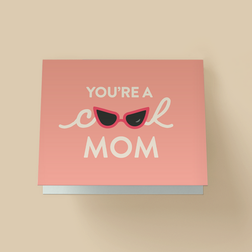 Mother's Day greeting card with a solid peach background. White text reads ' YOU'RE A cool MOM' - 'cool' is in cursive script, with red cat-eye sunglasses replacing the double O. The sunglasses have black lenses